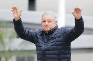  ?? REBECCA BLACKWELL, AP ?? Mexican President Andres Manuel Lopez Obrador greets supporters at a rally in April. Lopez Obrador says he will resume his travel schedule next week with a trip to Cancun.