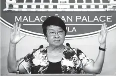  ??  ?? In this June 22 photo, Secretary Judy Taguiwalo of the Department of Social Welfare and Developmen­t speaks at a press briefing at Malacañan Palace.