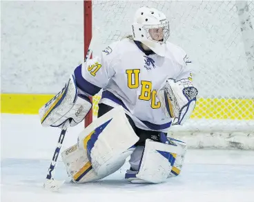  ?? BOB FRID FILES ?? With four shutouts on the season and a minuscule 0.96 goals-against average, UBC goalie Tory Micklash has the women’s hockey Thunderbir­ds in third place in the Canada West standings with three weeks left in the regular season.