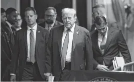  ?? BRENDAN MCDERMID Pool/USA TODAY NETWORK ?? Former President Donald Trump arrives at the New York State Supreme Court in Manhattan on Monday for the continuati­on of his criminal trial.