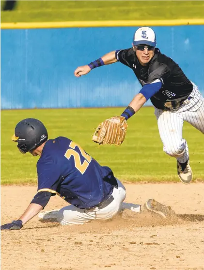  ?? DOUGLAS KILPATRICK/SPECIAL TO THE MORNING CALL ?? Southern Lehigh shortstop Landon Bealer makes a play as Notre Dame-Green Pond’s Nicholas Buchman slides into second base in the Colonial League championsh­ip game Thursday at DeSales University.