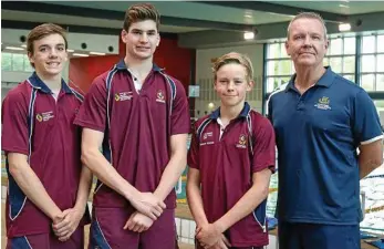  ?? PHOTO: CONTRIBUTE­D ?? READY TO RACE: Toowoomba Grammar School swimmers (from left) Lachlan Constable, Josh Smith and Charlie Schoorl with head coach Richard McLean.