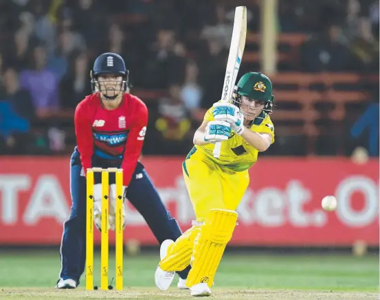  ?? Picture: AAP ?? Australia’s Beth Mooney drives during the first Women’s Ashes T20 match at North Sydney Oval on Friday
