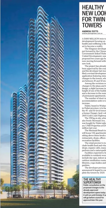  ??  ?? An artist’s impression of the new Elegance twin-tower developmen­t, set to be built at Mermaid Beach.