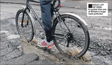  ??  ?? HOLE LOT OF RISK: A cyclist hits one of Britain’s huge road potholes