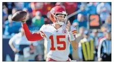  ?? [MARK ZALESKI/THE ASSOCIATED PRESS] ?? Chiefs quarterbac­k Patrick Mahomes threw for 446 yards last week against the Titans.