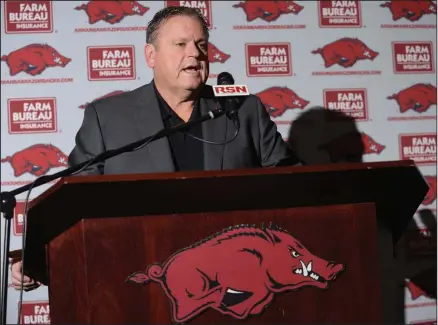  ?? (NWA Democrat-Gazette/Andy Shupe) ?? While Arkansas Coach Sam Pittman said he was pleased with his first signing class with the Razorbacks during a news conference Wednesday, the initial day of the national signing period, he also said he expects better classes in the future.