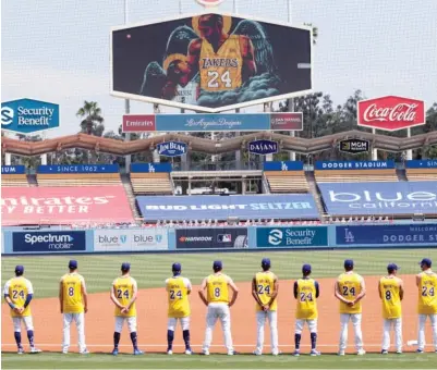  ?? ALEX GALLARDO/AP ?? Dodgers players honor Kobe and Gianna Bryant during pregame ceremonies Sunday before facing the Rockies.