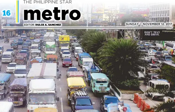  ?? BOY SANTOS ?? Motorists crawl along EDSA in Pasay City yesterday afternoon after the Metropolit­an Manila Developmen­t Authority closed two lanes of EDSA for the exclusive use of Associatio­n of Southeast Asian Nations summit delegates.