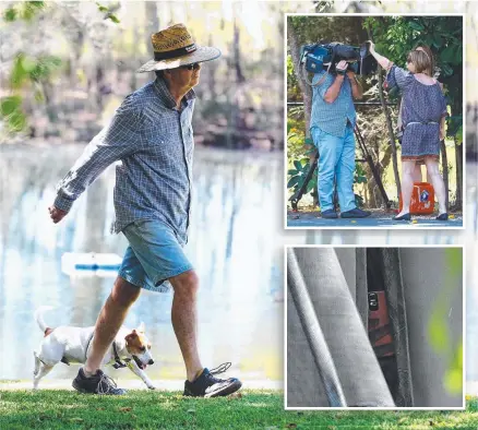  ?? Pictures: ADAM HEAD ?? Gable Tostee's father Gray walks the dog and (insets) trying to move media and a phone through a curtain.