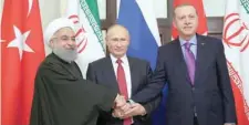  ?? Reuters ?? Presidents Tayyip Erdogan of Turkey, Vladimir Putin of Russia and Hassan Rouhani of Iran meet on Wednesday in Sochi. —