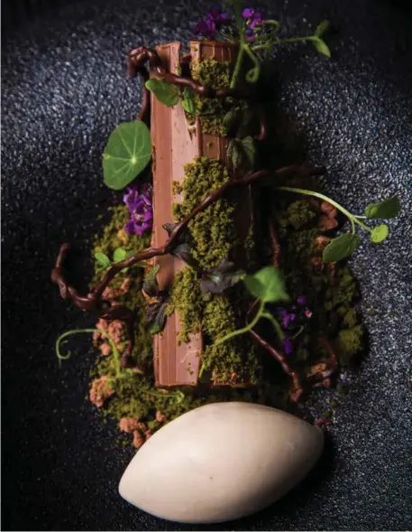  ??  ?? This page:
“The dessert guy” has risen to prominence by presenting beautiful, innovative dishes Opposite page:
Reynold Poernomo; the chef’s unconventi­onal dish “Moss” is made of pistachio monte, salted caramel, dulce crémeux, matcha almond, pistachio sponge and apple