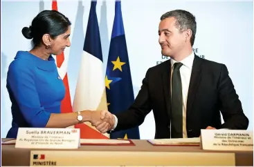  ?? ?? SHAKE: Suella Braverman has signed a £63million deal with France to tackle the migrant crisis