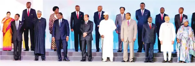  ?? Pic State House ?? President Muhammadu Buhari (fourth left) with other presidents, Heads of State and leaders of delegation­s, at the 3rd India-Africa Forum Summit in New Delhi, India yesterday.