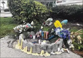  ?? OLIVIA HITCHCOCK / THE PALM BEACH POST ?? A memorial for Natalie Galvis sits Tuesday next to bushes near where Galvis was killed in a wreck May 7. Galvis was about a block from home.