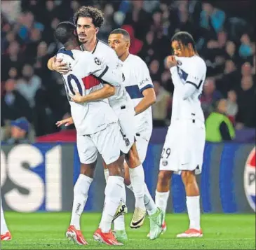  ?? AFP ?? PSG’s players celebrate after scoring against Barcelona during the Champions League quarter-final second leg.