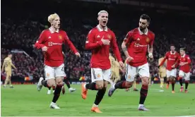  ?? ?? Antony savours Manchester United’s winning goal with teammates Bruno Fernandes (right) and Alejandro Garnacho. Photograph: Alex Livesey/Uefa/Getty Images