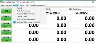  ??  ?? Mit Crystaldis­kmark können Sie über verschiede­ne Testprofil­e prüfen, ob die SSD in Ihrem Rechner das optimale Tempo für Ihr Nutzungsve­rhalten liefert. Die Einstellun­gen finden Sie unter „Profile“.