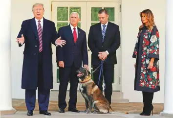  ?? AP ?? President Donald Trump, Vice President Mike Pence and first lady Melania Trump, present Conan, the military working dog injured in the successful operation targeting Daesh leader Abu Bakr Al Baghdadi, before the media in the Rose Garden at the White House, on Monday.