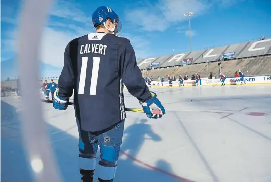  ?? Andy Cross, The Denver Post ?? Avalanche left wing Matt Calvert practices at Falcon Stadium on Friday as the team prepares for Saturday night’s outdoor game.