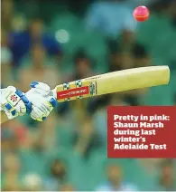  ??  ?? Pretty in pink: Shaun Marsh during last winter’s Adelaide Test