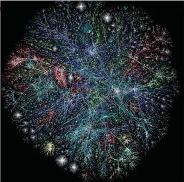  ??  ?? RED DE REDES. Mapa de Internet que representa en 3 dimensione­s las conexiones entre los servidores. Azul: América; Verde: Europa y África; Rojo: Asia.