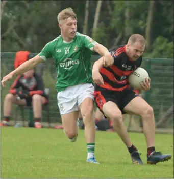  ?? Photo by John Tarrant ?? Daniel Culloty(Newmarket) holds possession against Aghada in the Bon Secours County Premier Intermedia­te Football Championsh­ip at Grenagh.