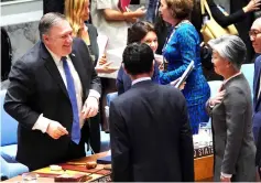  ??  ?? South Korea’s Foreign Minister Kang Kyung-wha (right) greets Pompeo after the United Nations Security Council meeting on North Korea. — AFP photo