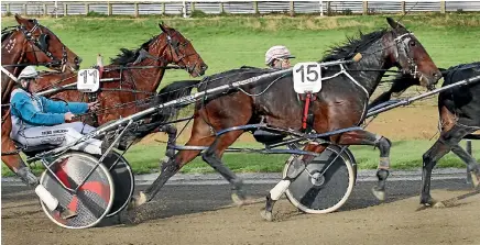  ?? PHOTO: JOHN HAWKINS/FAIRFAX NZ ?? Long shot Elle Ko, driven by Sheree Tomlinson, on her way to winning at Ascot Park yesterday. She paid $75 for a win.