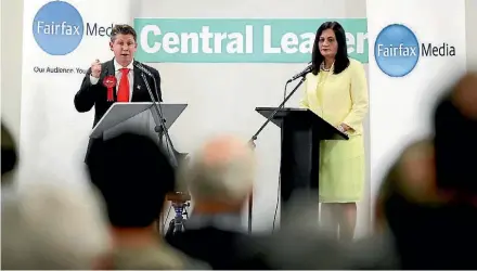  ?? CHRIS SKELTON/FAIRFAX NZ ?? Labour’s Michael Wood and National’s Parmjeet Parmar at an election debate.