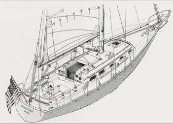  ??  ?? This rendering of a roughly 40-foot cruising boat shows a deck layout optimized for performanc­e sailing, with plenty of lines that are well-led for trimming and reefing.