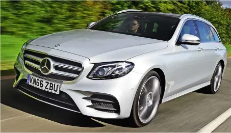  ??  ?? E 220d is quick to accelerate, then engine and wind noise fade once up to cruising speeds. Large alloy wheels affect the ride, though