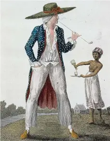  ??  ?? Spokojený Holanďan Společensk­é poměry v holandskýc­h koloniích zachytil výtvarník William Blake na kolorované mědirytině „Surinamský plantážník ve svém ranním úboru“z roku 1796. Repro: Profimedia