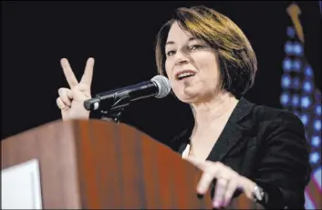  ?? Andrew Harnik The Associated Press ?? Democratic presidenti­al candidate Sen. Amy Klobuchar, D-Minn., speaks Saturday at the Iowa State Education Associatio­n candidate forum in West Des Moines, Iowa.