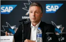  ?? RANDY VAZQUEZ — BAY AREA NEWS GROUP ?? San Jose Sharks general manager Doug Wilson talks to the media during a press conference at SAP Center in San Jose, on Dec. 12, 2019. Wilson announced the team’s decision to hold training camp in Scottsdale, Arizona this year due to Santa Clara County’s ban on contact sports.