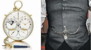  ?? GENTLEMAN’S GAZETTE ?? The elegant way to wear a watch and fob is with a chain, traditiona­lly attached on a vest through a specific vertical buttonhole. Nowadays, since the vest is no longer a fashion staple, many use a leather or chain connected to a belt loop with the fob.