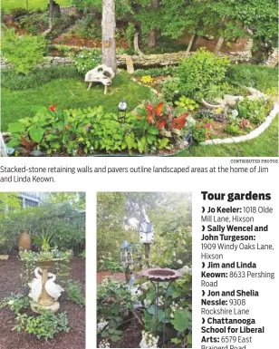  ?? CONTRIBUTE­D PHOTOS ?? Stacked-stone retaining walls and pavers outline landscaped areas at the home of Jim and Linda Keown. Jo Keeler upcycled a birdbath into a tiered planter. Birdhouses at staggered heights create visual interest combined with white hydrangea and metal...