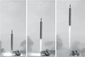  ?? AGENCE FRANCE PRESSE ?? This undated combinatio­n picture released from North Korea's official Korean Central News Agency (KCNA) on September 16, shows a launching drill of the medium-and-long range strategic ballistic rocket Hwasong-12 at an undisclose­d location. Kim vowed to...