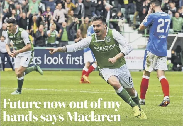  ??  ?? 0 Hat-trick hero Jamie Maclaren celebrates after putting Hibs 3-0 up in the incredible 5-5 draw against Rangers. Left, Neil Lennon, who Maclaren says is one of the best managers he has worked under.