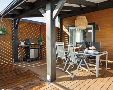  ??  ?? Annexé à la maison, l'espace repas bénéficie d'un max de quiétude grâce aux écrans d'intimité en bois, dont l'originalit­é découle de leur design en chevrons très tendance. Le toit, qui suscite l'admiration par sa structure architectu­rale, intensifie l'impression de liberté et de bien-être, tout en protégeant cette partie de la terrasse de la pluie.