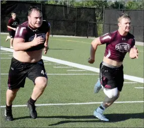  ?? Graham Thomas/Herald-Leader ?? Siloam Springs senior Matthew Avery, left, and senior Spenser Pippin run side by side during practice Monday morning at Panther Stadium.