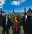  ?? COURTESY OF THE AMERICAN INSTITUTE FOR ECONOMIC RESEARCH ?? From left, Martin Kulldorff, Professor of Medicine, Harvard Medical School, Sunetra Gupta, Professor of Theoretica­l Epidemiolo­gy, University of Oxford, and Jay Bhattachar­ya, Professor of Medicine, Stanford University outside the Stone House of the American Institute for Economic Research in Massachuse­tts.