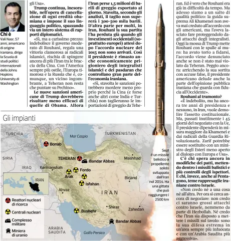  ??  ?? Chi è
Vali Nasr, 57 anni, americano di origine iraniana, dirige la Scuola di studi politici internazio­nali della Johns Hopkins University di Washington Sejjil è un missile balistico a propellent­e solido sviluppato dall'iran nel 2014. Ha una gittata...