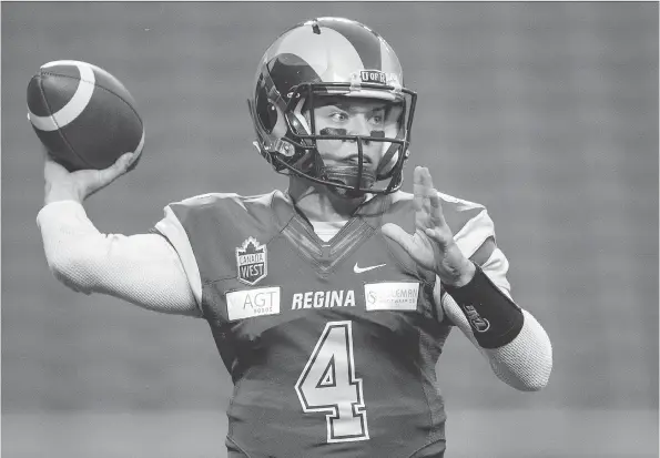  ?? TROY FLEECE ?? The University of Regina Rams’ Noah Picton notes some similariti­es between himself and Saskatchew­an Roughrider­s quarterbac­k Kevin Glenn.