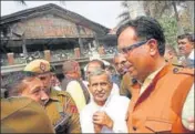  ?? HT FILE ?? Finance minister Captain Abhimanyu outside his Rohtak residence, which was set on fire by Jat protesters in February last year.