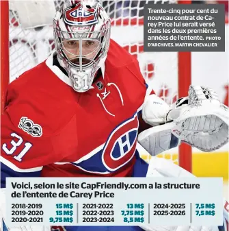  ?? PHOTO D’ARCHIVES, MARTIN CHEVALIER ?? Trente-cinq pour cent du nouveau contrat de Carey Price lui serait versé dans les deux premières années de l’entente.