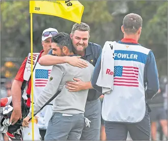  ??  ?? Abraham Ancer and Marc Leishman celebrate their comeback that earned a halve with Rickie Fowler and Justin Thomas