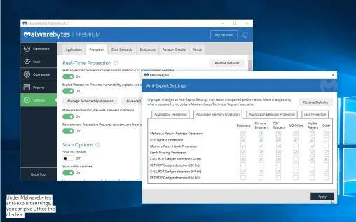  ??  ?? Under Malwarebyt­es anti- exploit settings, you can give Office the all- clear.