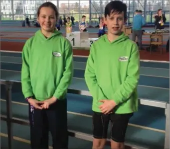  ??  ?? Duleek & District AC’s Aoife Rohan and Tadhg Dixon at the Leinster Indoor Championsh­ips.