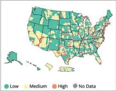  ?? CENTERS FOR DISEASE CONTROL AND PREVENTION ?? A map of the United States shows COVID-19 transmissi­on rate by county. Green indicates low transmissi­on rate; yellow indicates medium transmissi­on rate and orange marks counties with high transmissi­on rate.